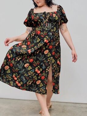 Floral Puff-Sleeve Black Midi Dress